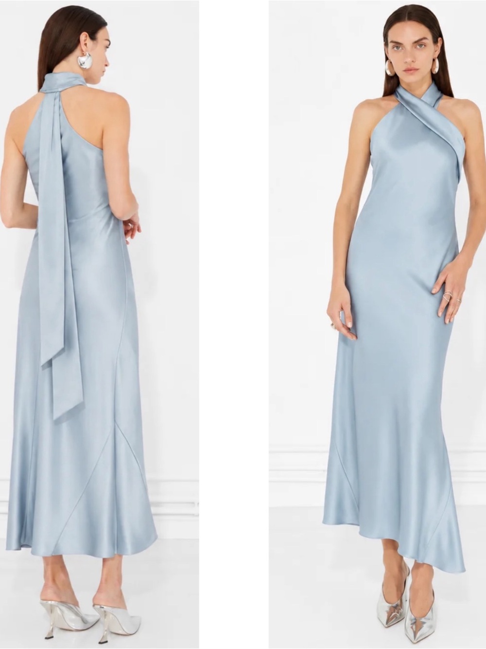 GALVAN LONDON Pandora Cropped Satin Sienna Cross Over Blue Midi Dress Size 10
